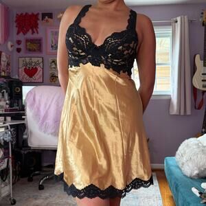Vintage Y2K golden yellow and black satin / lace mini slip dress